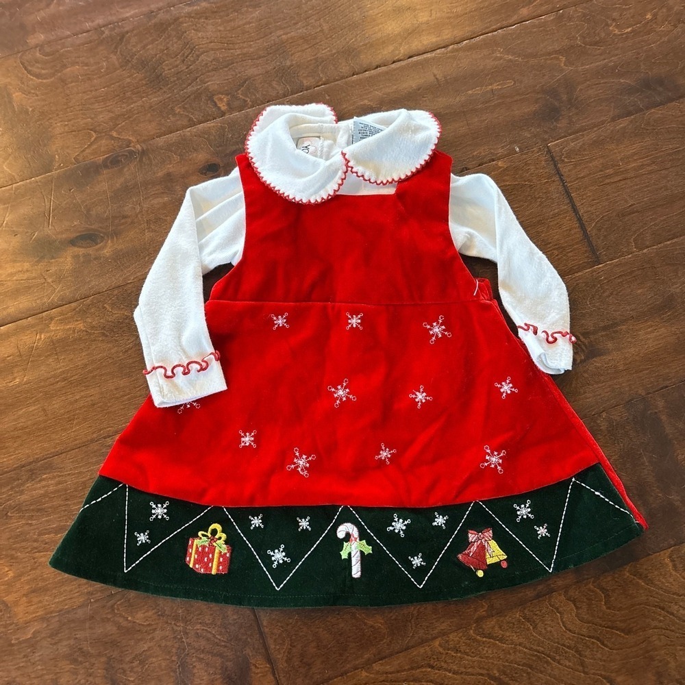 Vintage Youngland Girl 12 Month Velvet Dress Collared Christmas Embroidered Red